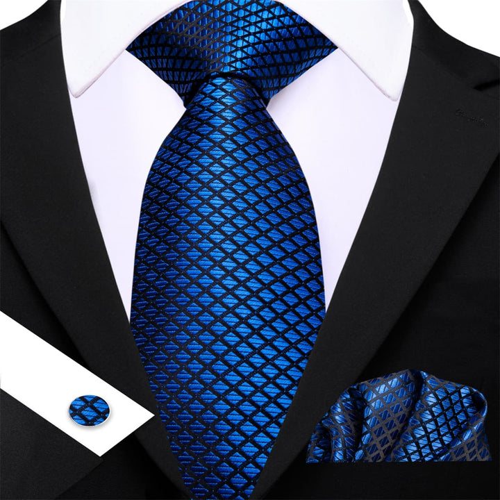 Silk Tie Cobalt Blue Plaid Men's Tie Pocket Square Cufflinks Set