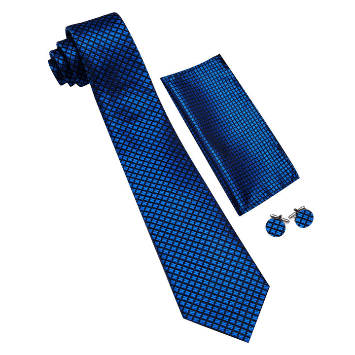 Silk Tie Cobalt Blue Plaid Men's Tie Pocket Square Cufflinks Set