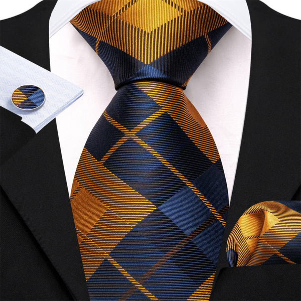 gold navy blue plaid mens silk ties set