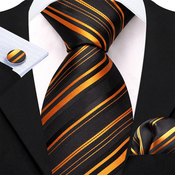 mens silk striped gold black ties pocket square cufflinks set