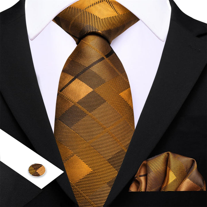 gold plaid mens silk ties handkerchief cufflinks set for business suit