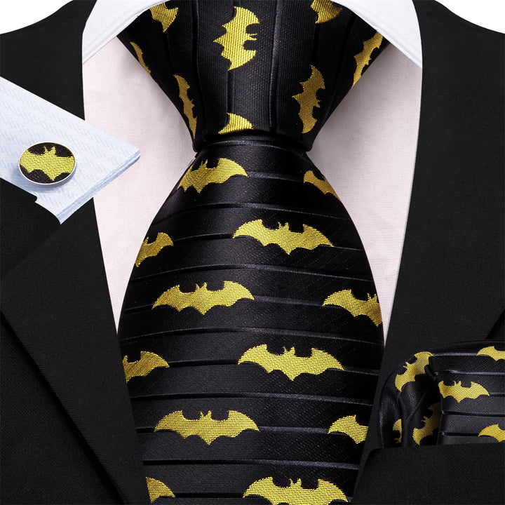 Black Yellow Bat Pattern Novelty Striped Silk Mens Tie Pocket Square Cufflinks Set for Business,Wedding or Party