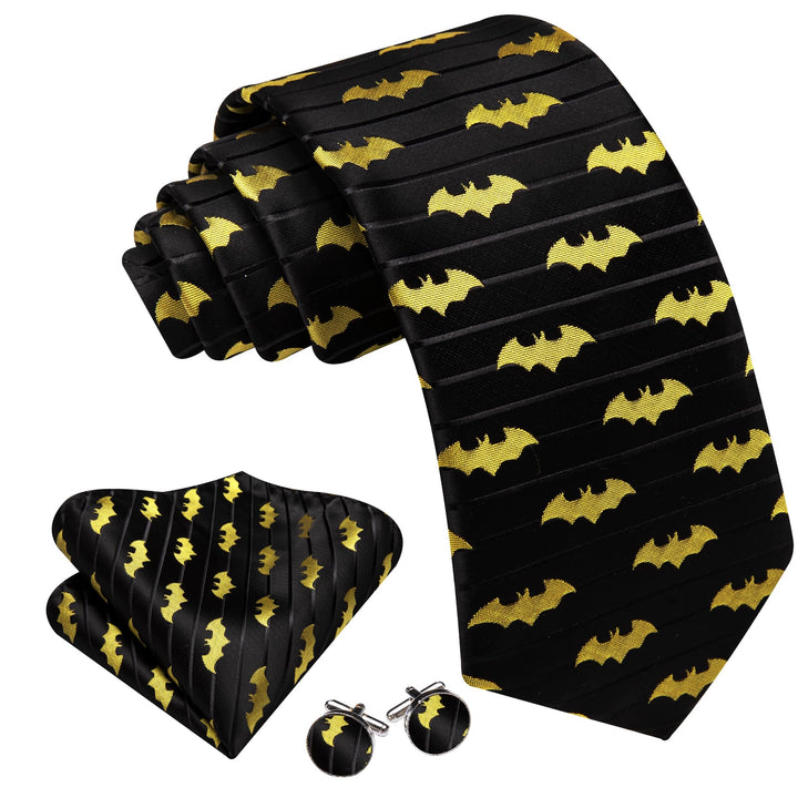 Black Yellow Bat Pattern Novelty Striped Silk Mens Tie Pocket Square Cufflinks Set for Business,Wedding or Party