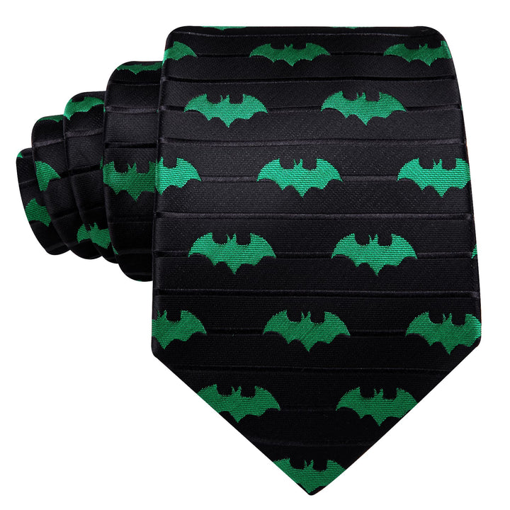Black Tie Green Bat Novelty Striped Men's Silk Tie Pocket Square Cufflinks Set for Dress Suit Top