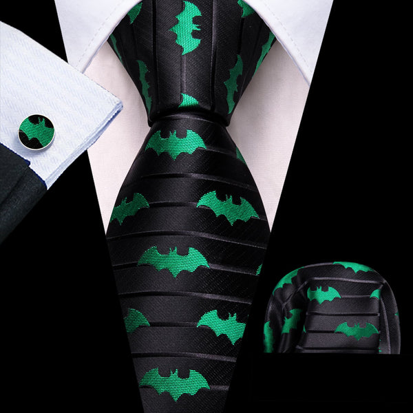  Black Tie Green Bat Novelty Striped Men's Silk Tie Pocket Square Cufflinks Set for Dress Suit Top