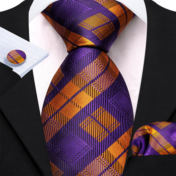 fashion purple gold plaid silk mens amazing ties handkerchief cufflinks set