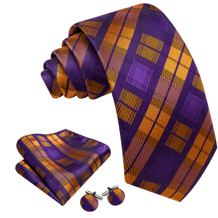 fashion purple gold plaid silk neck tie men