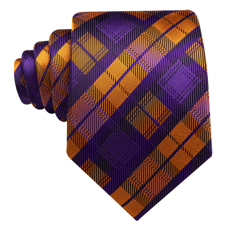 new arrival purple gold plaid silk mens tie handkerchief cufflinks set for dress suit top
