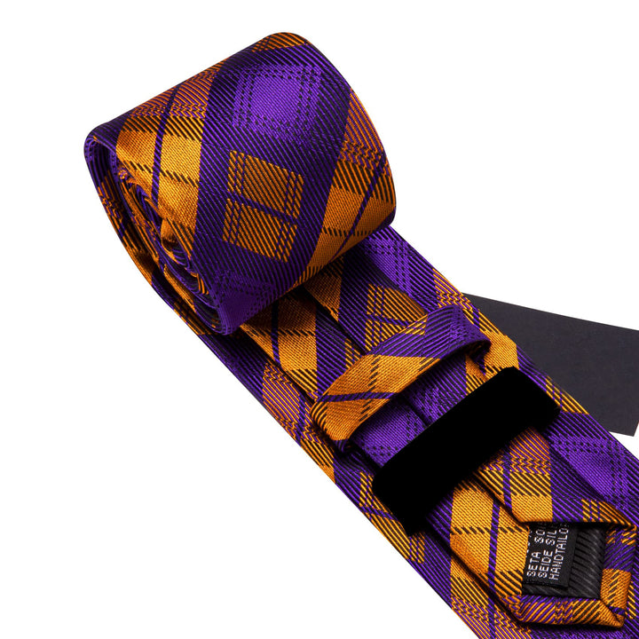 new arrival purple gold plaid silk mens tie handkerchief cufflinks set for dress suit top