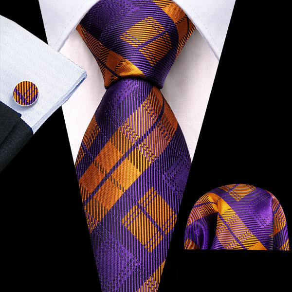 new arrival purple gold plaid silk mens tie handkerchief cufflinks set for dress suit top