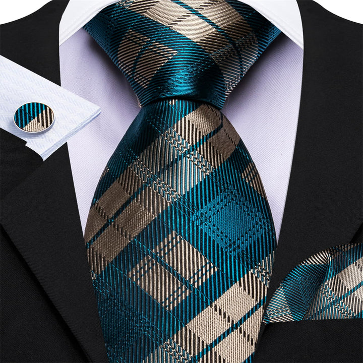 teal green brown plaid silk mens suit dress ties handkerchief cufflinks set for office