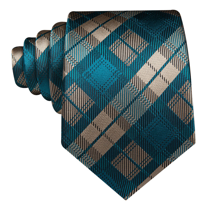 teal green brown plaid silk mens suit dress ties handkerchief cufflinks set for office