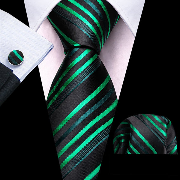 black suit white shirt with silk striped black green ties handkerchief cufflinks set for men