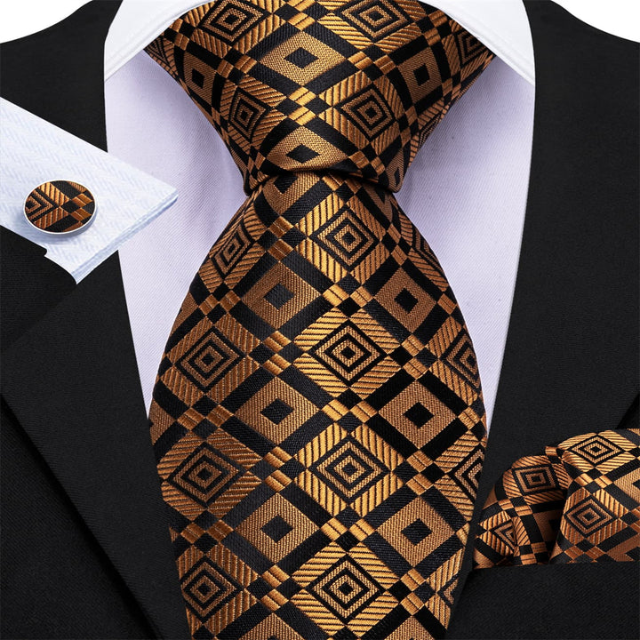 plaid golden black silk mens neckties hanky cufflinks set for business