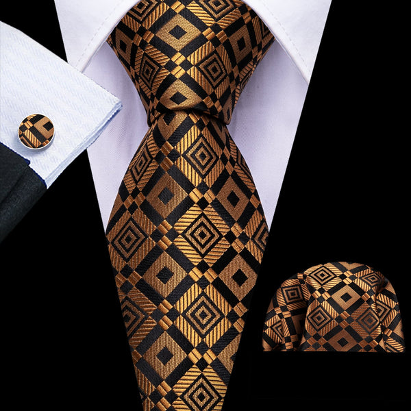 plaid golden black silk mens neckties hanky cufflinks set for business