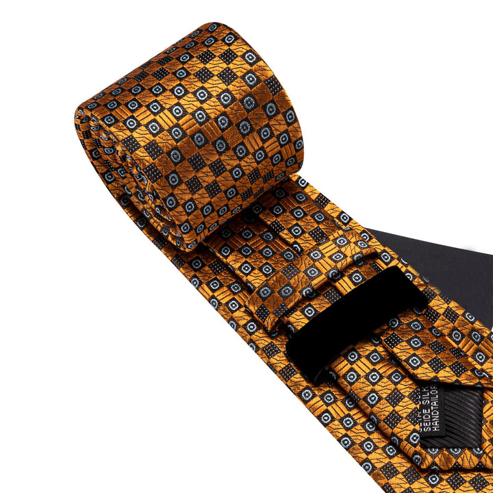 Plaid Polka Dot silk men's gold tie Pocket Square Cufflinks Set for Office suit