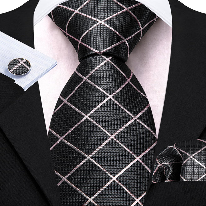 silk mens pink plaid black suit tie and pocket square cufflinks set for office men