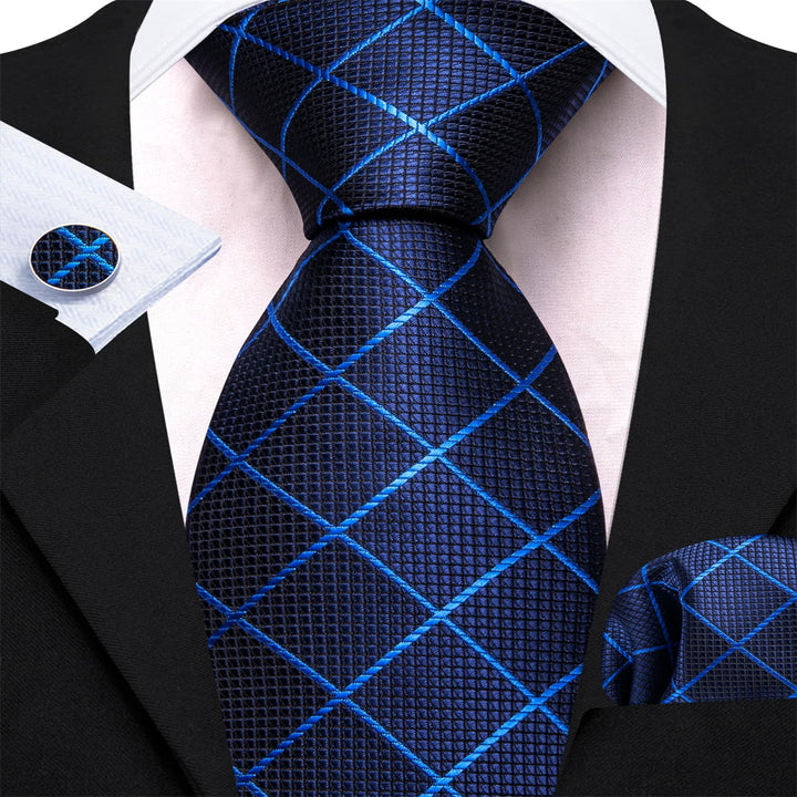 Navy blue plaid silk mens formal business ties set for mens suit