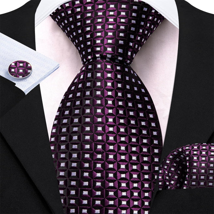 Purple White Plaid silk mens novelty ties handkerchief cufflinks set