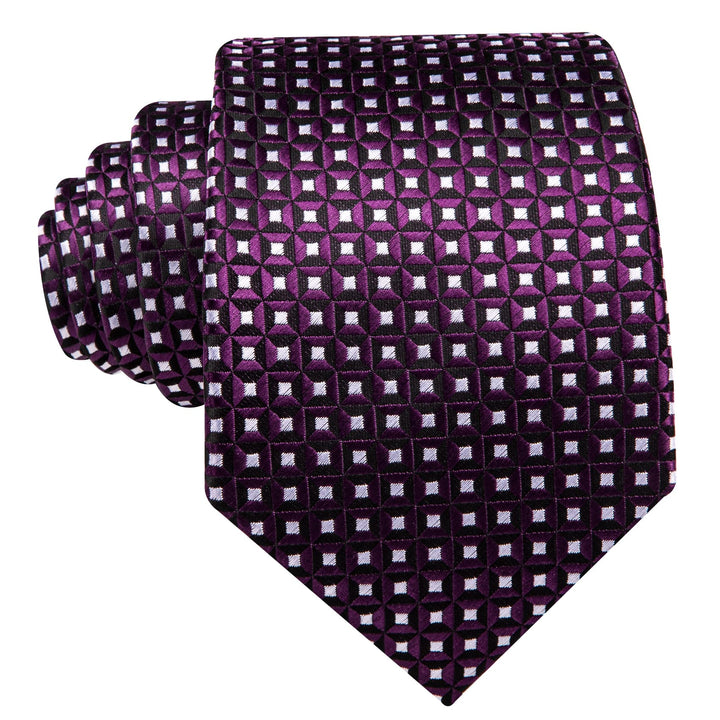Purple White Plaid silk mens novelty ties handkerchief cufflinks set