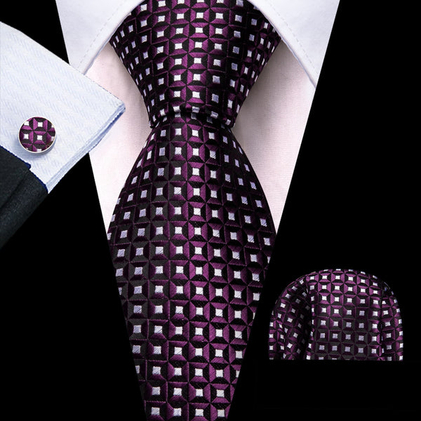 Purple White Plaid silk mens novelty ties handkerchief cufflinks set 