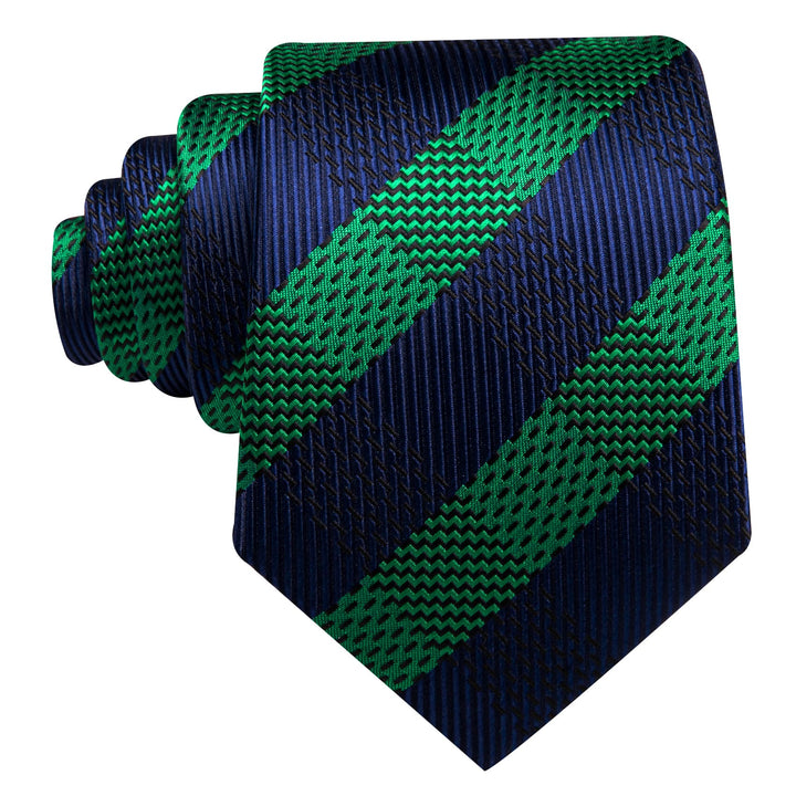 Navy Blue tie Emerald Green striped mens silk tie handkerchief cufflinks set for business meeting