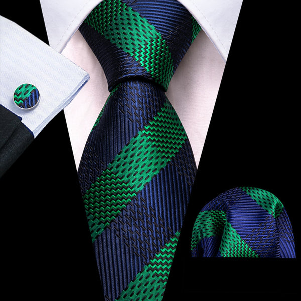  Navy Blue tie Emerald Green striped mens silk tie handkerchief cufflinks set for business meeting