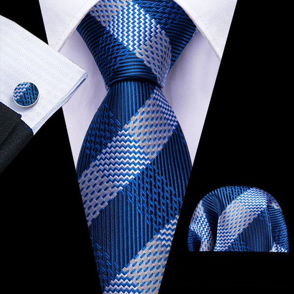 Navy Blue grey striped silk mens business formal tie handkerchief cufflinks set for suit dress