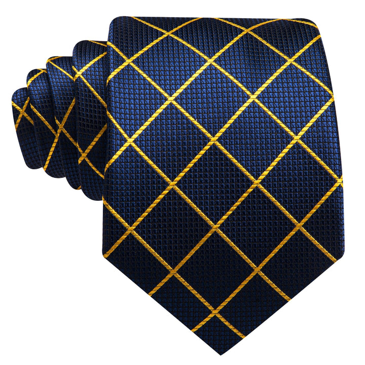 Navy blue yellow plaid mens silk suit business ties handkerchief cufflinks set for suit dress