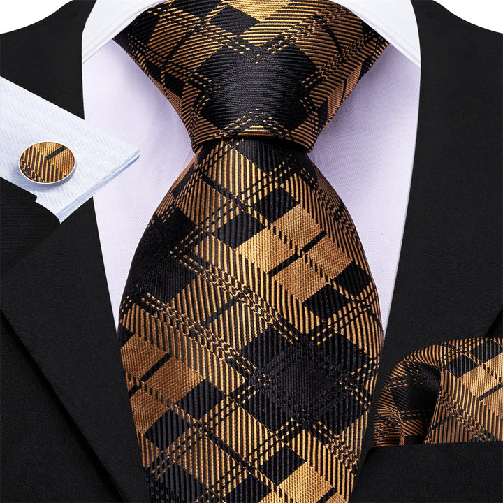 Black Tie Gold Plaid Men's Silk Tie Handkerchief Cufflinks Set for Business Suit Dress