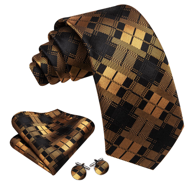 Black Tie Gold Plaid Men's Silk Tie Handkerchief Cufflinks Set for Business Suit Dress