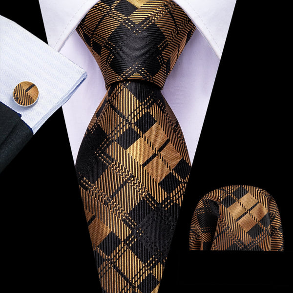 Black Tie Gold Plaid Men's Silk Tie Handkerchief Cufflinks Set for Business Suit Dress
