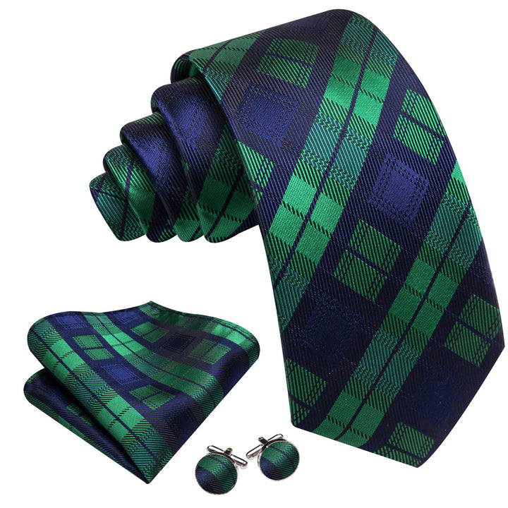 Blue Tie Green Plaid Men's Silk Tie Handkerchief Cufflinks Set for Business Office Men