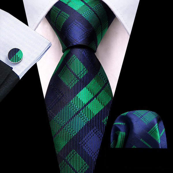 Blue Tie Green Plaid Men's Silk Tie Handkerchief Cufflinks Set for Business Office Men