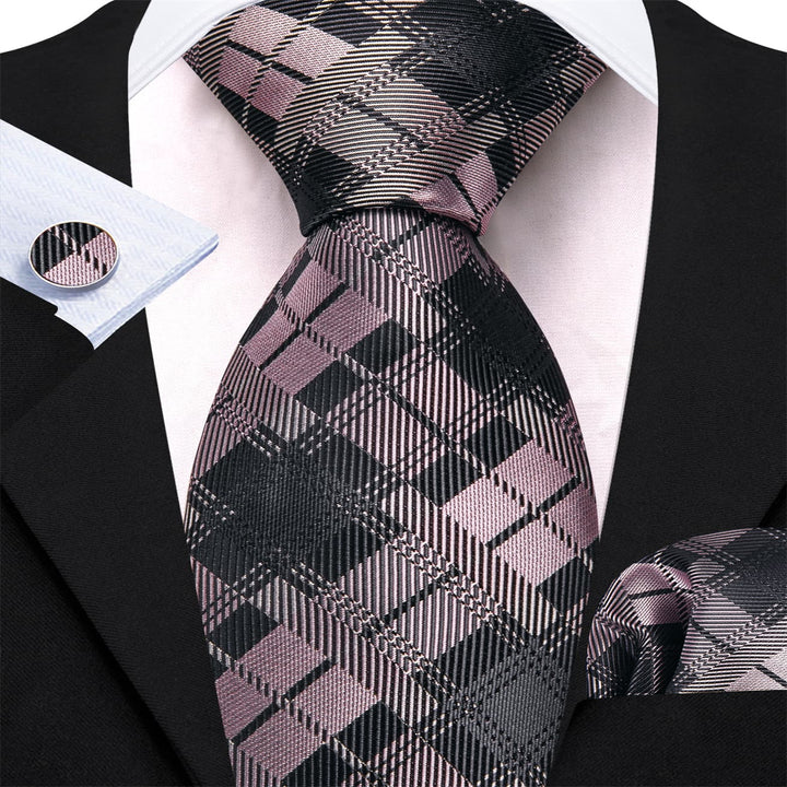 Grey Plaid Men's Silk Pink Tie Handkerchief Cufflinks Set for Wedding