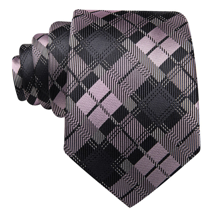Grey Plaid Men's Silk Pink Tie Handkerchief Cufflinks Set for Wedding