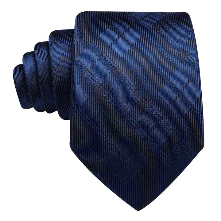 Navy Blue Plaid Men's Silk Tie Handkerchief Cufflinks Set for Business