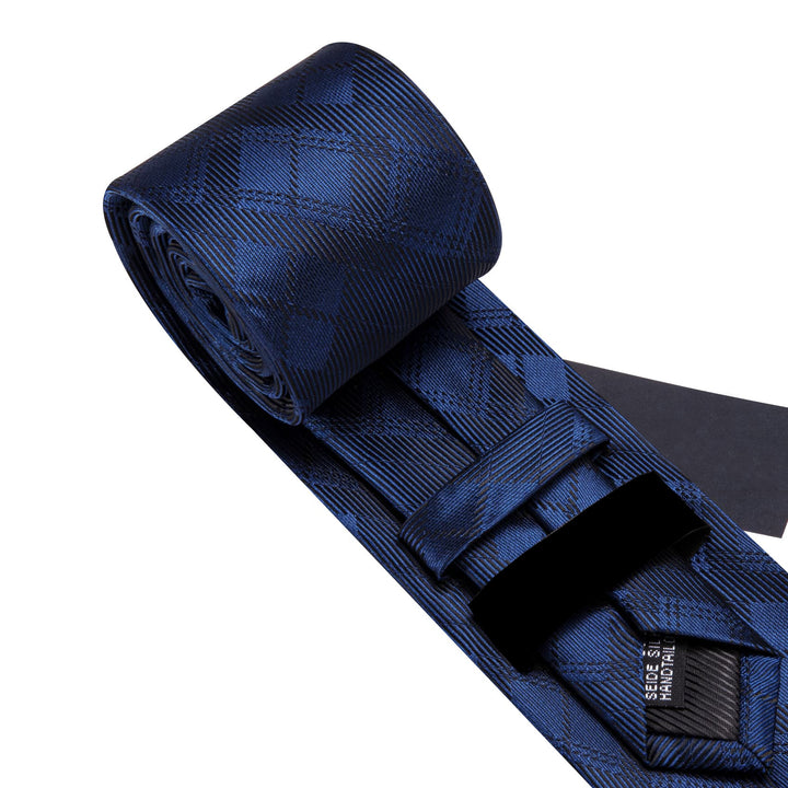 Navy Blue Plaid Men's Silk Tie Handkerchief Cufflinks Set for Business