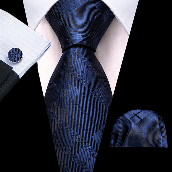 Navy Blue Plaid Men's Silk Tie Pocket Square Cufflinks Set for Business