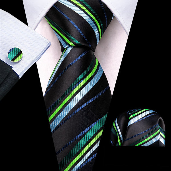 black green blue striped silk mens office business ties handkerchief cufflinks set near me