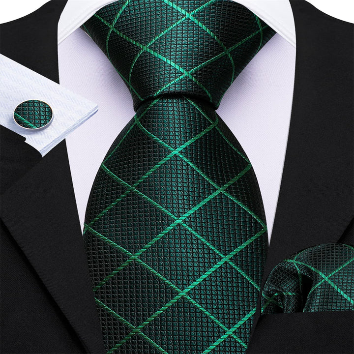 deep green plaid silk mens neckties handkerchief cufflinks set for business