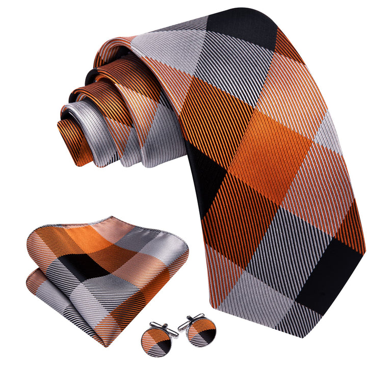 black white orange plaid silk mens ties pocket square cufflinks set new arrival design