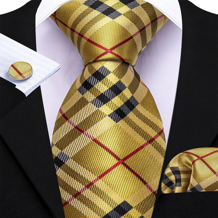 gold Burgundy striped mens silk tie handkerchief cufflinks set for wedding