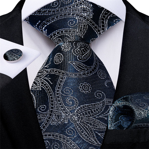 Ties2you Blue Tie Midnight Blue White Paisley Men's Silk Easy-pull Tie Set