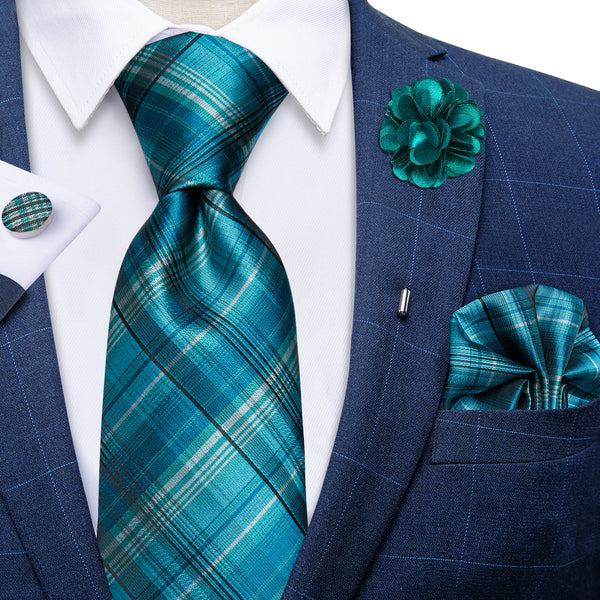 Blue Green Silver Plaid Men's Necktie Pocket Square Cufflinks Set with Lapel Pin