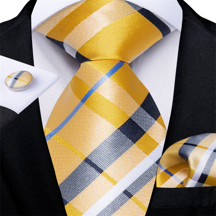  Yellow Black White Woven Plaid Men's Silk Tie