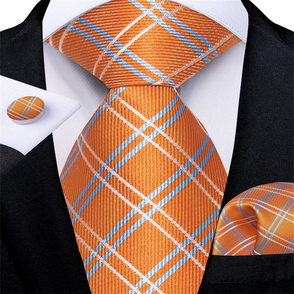 Orange Blue White Woven Plaid Men's Silk Tie