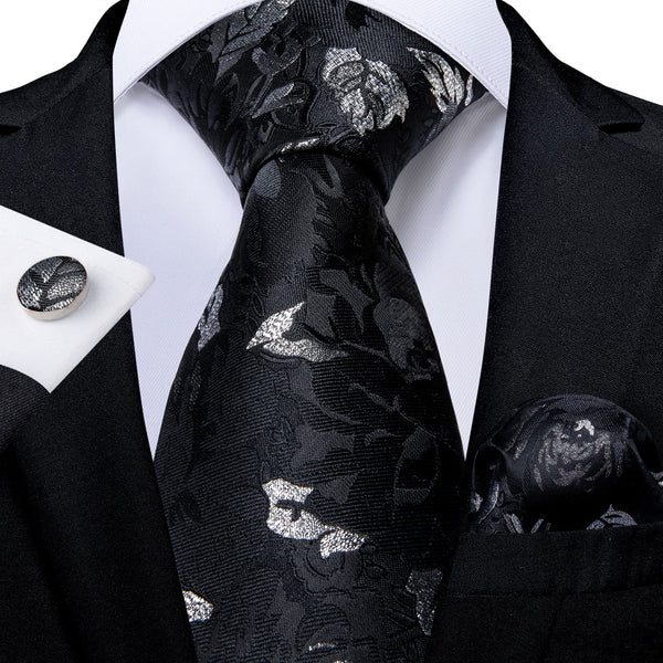 mens silk black silver floral ties pocket square cufflinks set