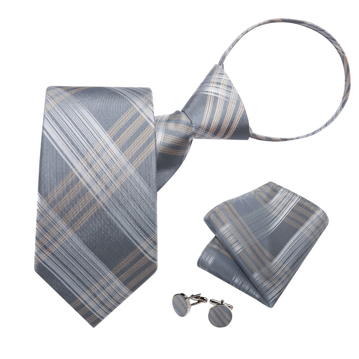 mens fashion grey brown white striped silk business tie pocket square cufflinks set