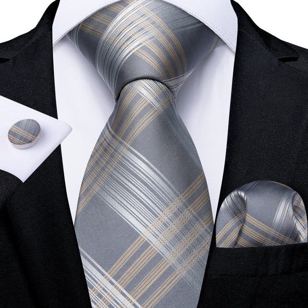 mens fashion grey brown white striped silk business tie pocket square cufflinks set